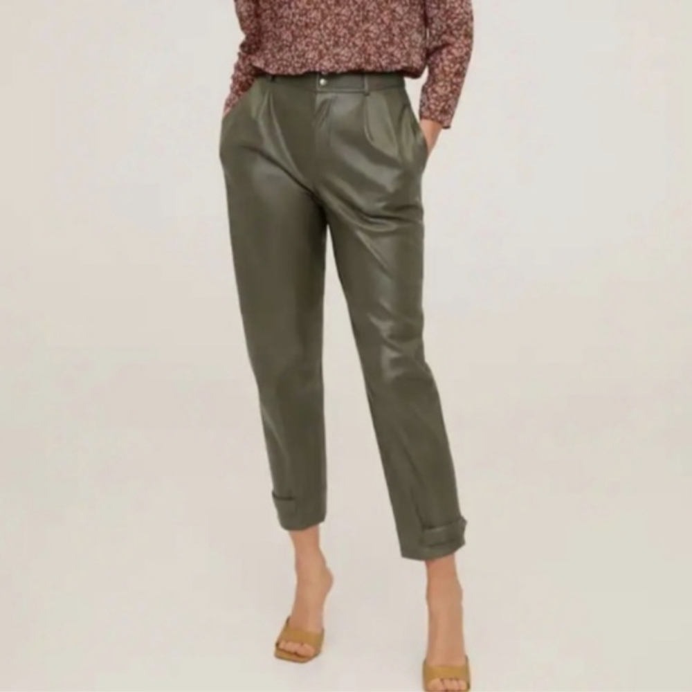Mango Olive Green Faux Leather Cargo Pants | High Rise Pleated Trouser Size 8